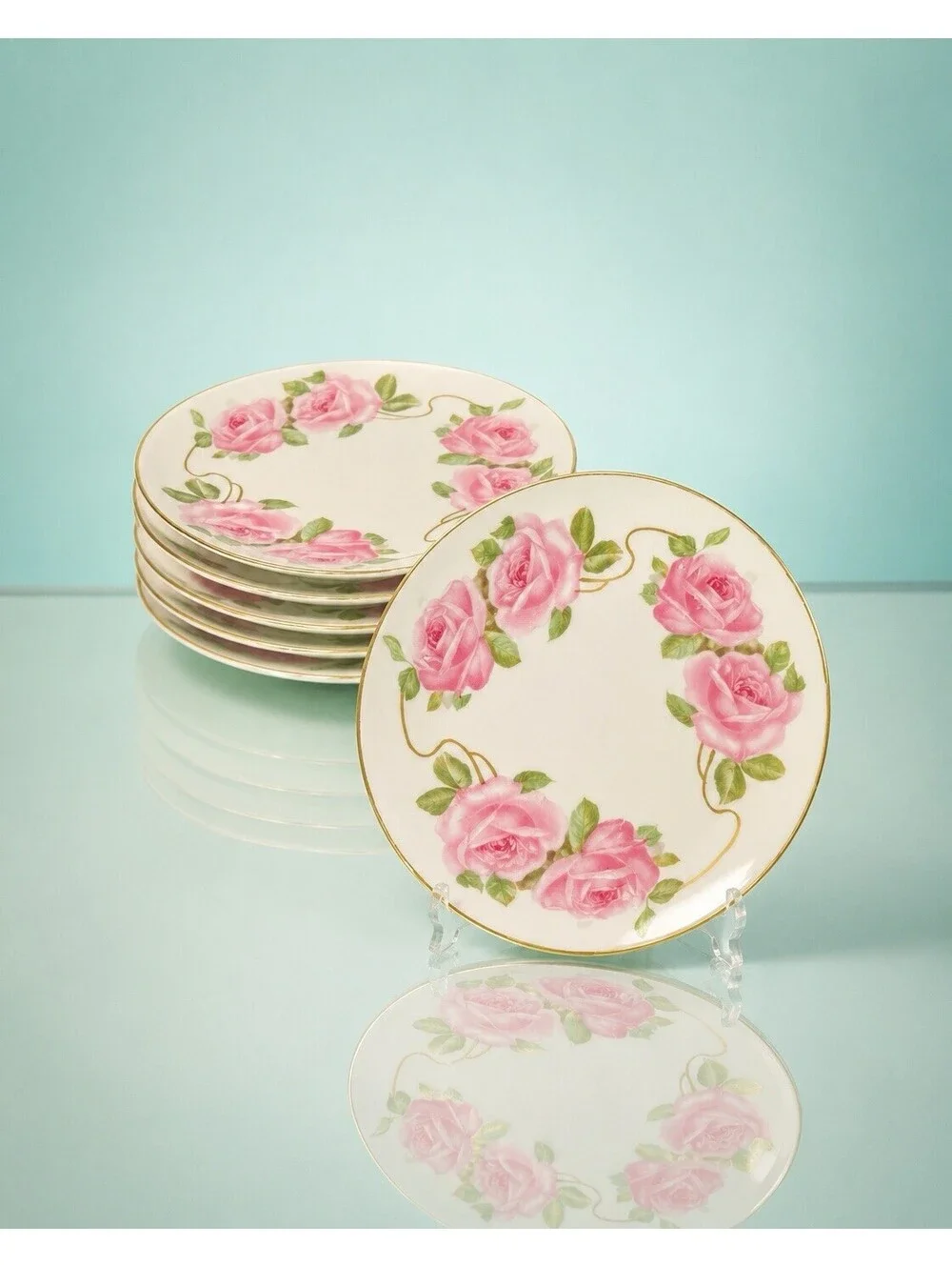 c 1900s 6 Bread Butter Plated Pink Roses Porcelain, 5”